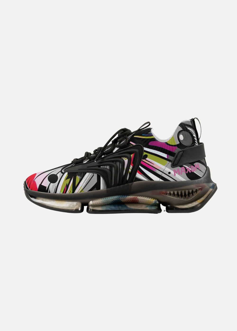 Urban streetwear sneaker in black with bold abstract graphics – perfect for casual menswear