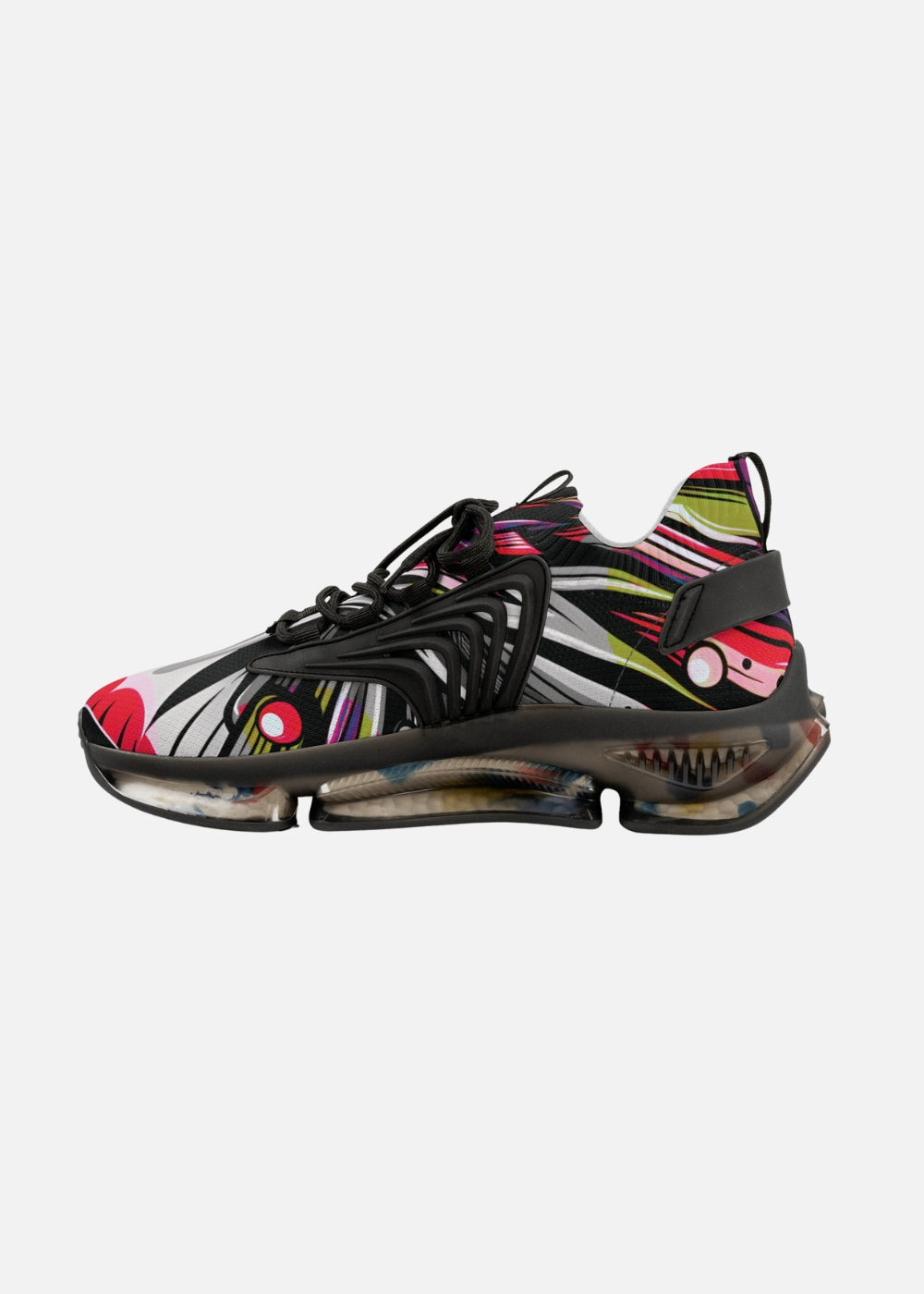 Inner profile of men’s black sneaker with urban abstract pattern and memory foam cushioning