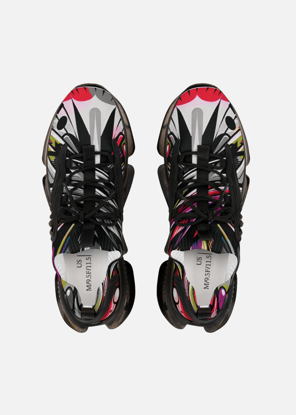 Top-down view of men’s black sneakers with all-over abstract print and cushioned insole