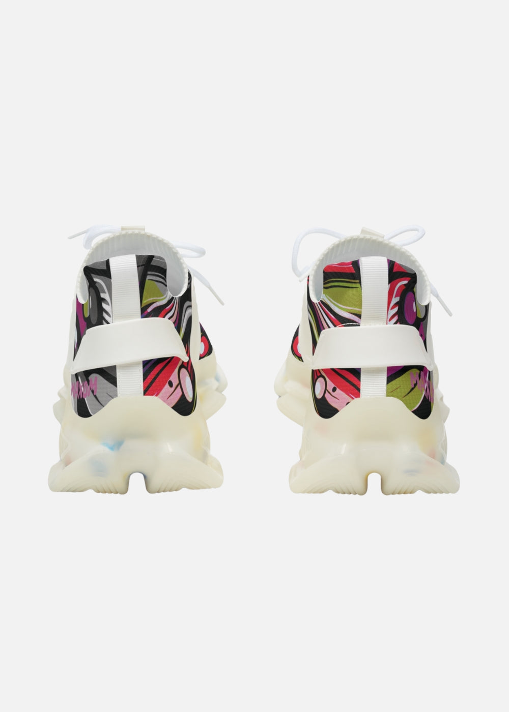 Sleek back view of white abstract sneakers for men – odor-protected and stylish everyday shoes
