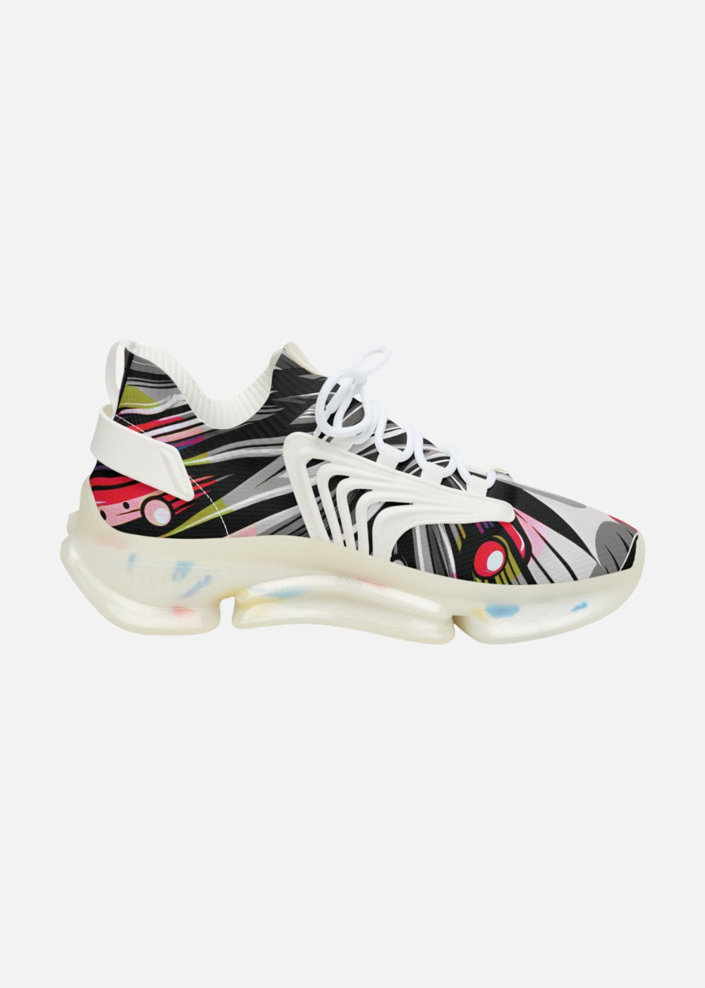 Comfortable white sneaker for men – cushioned memory foam and stylish abstract artwork
