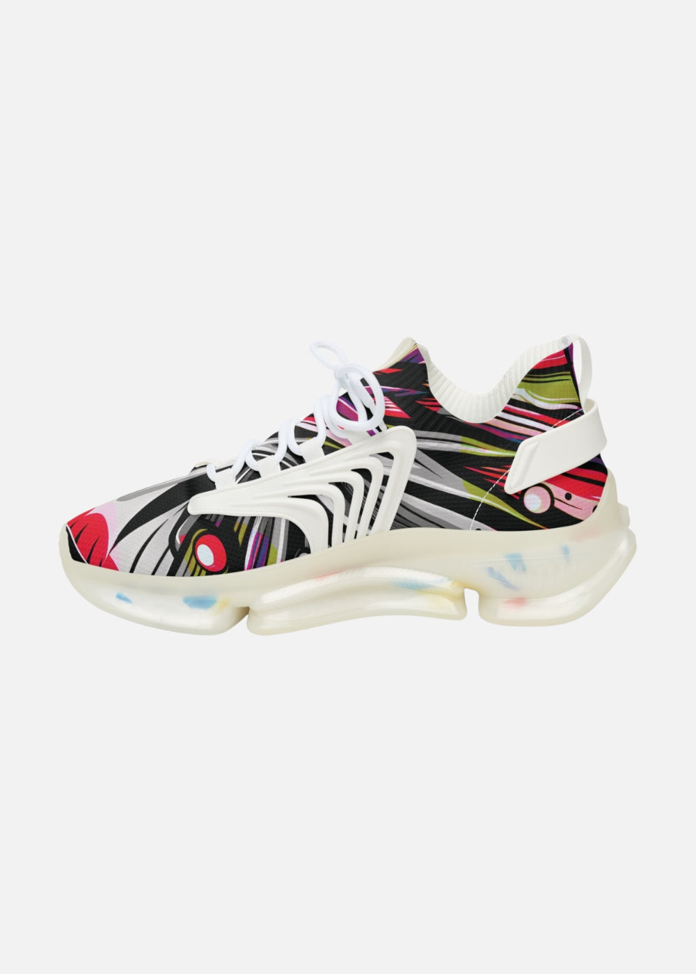Inner side of men’s white sneaker with breathable mesh and urban abstract graphic design

