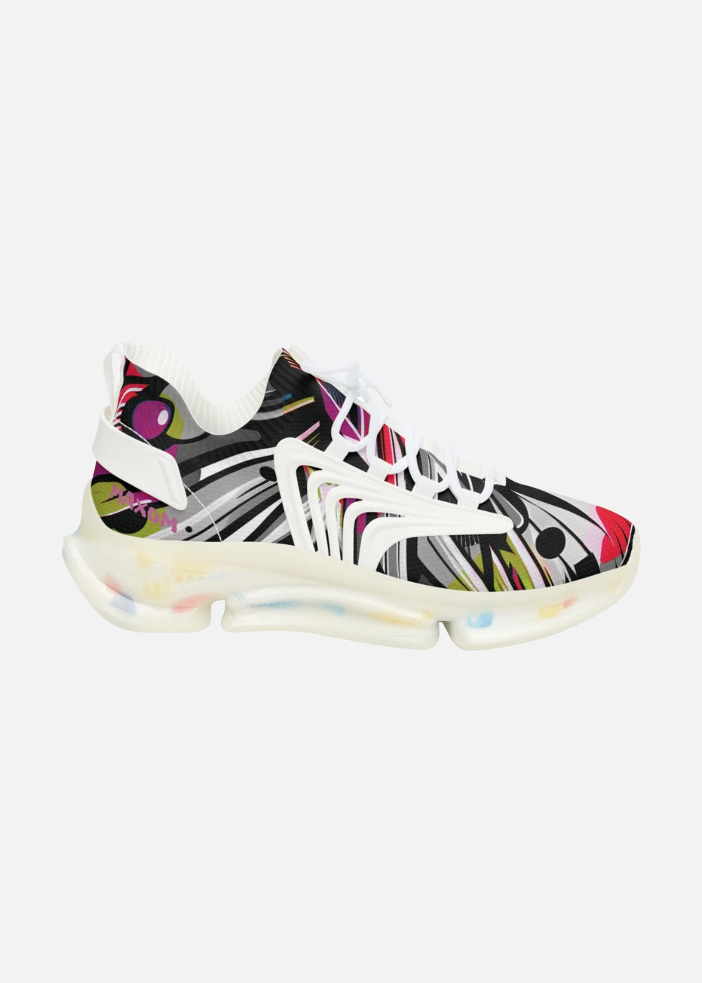Outer profile of white men’s sneaker – lightweight streetwear with modern abstract print
