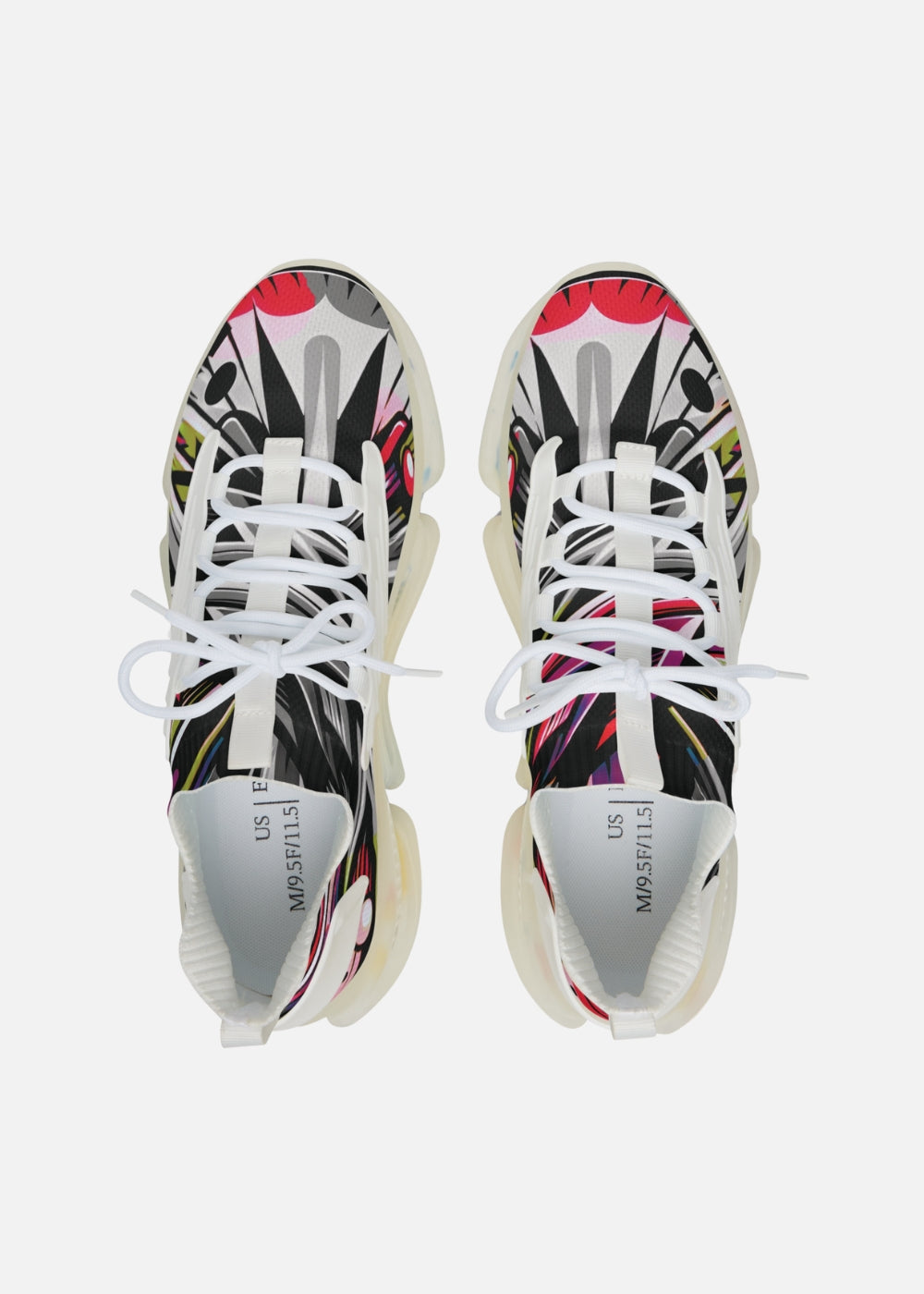 Top view of men’s white abstract sneakers – lightweight design with cushioned memory foam insole
