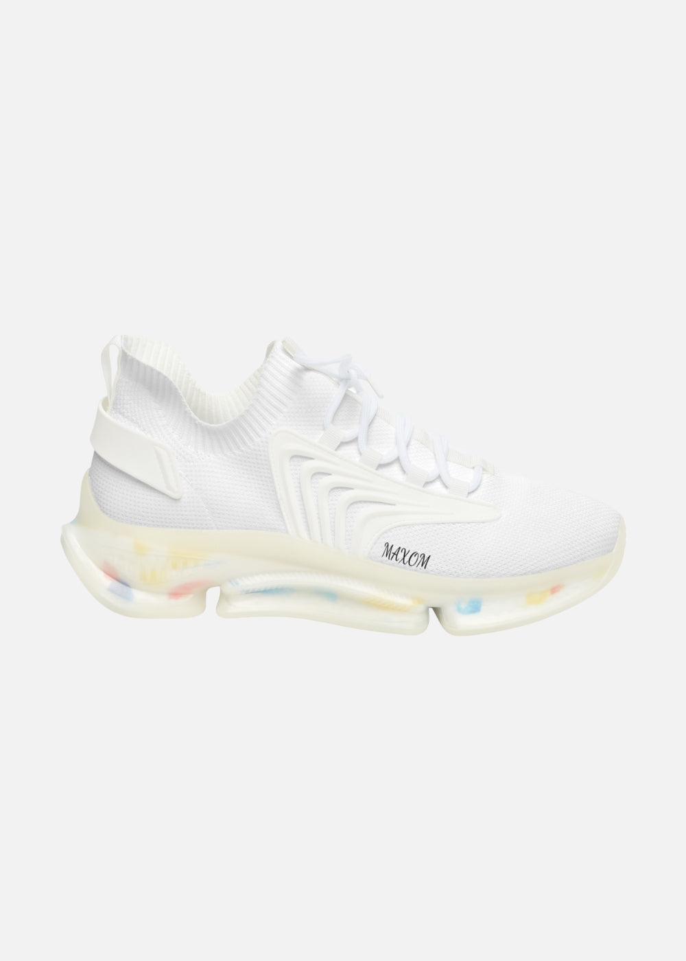 Right shoe outer view – stylish white women’s sneakers with transparent sole and subtle color accents
