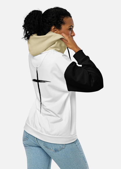 Detail view of female model wearing recycled zip hoodie – MAXOMclo streetwear with eco cross design