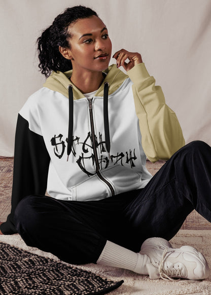 Female model wearing sustainable MAXOMclo zip hoodie outdoors – casual streetwear for cool weather