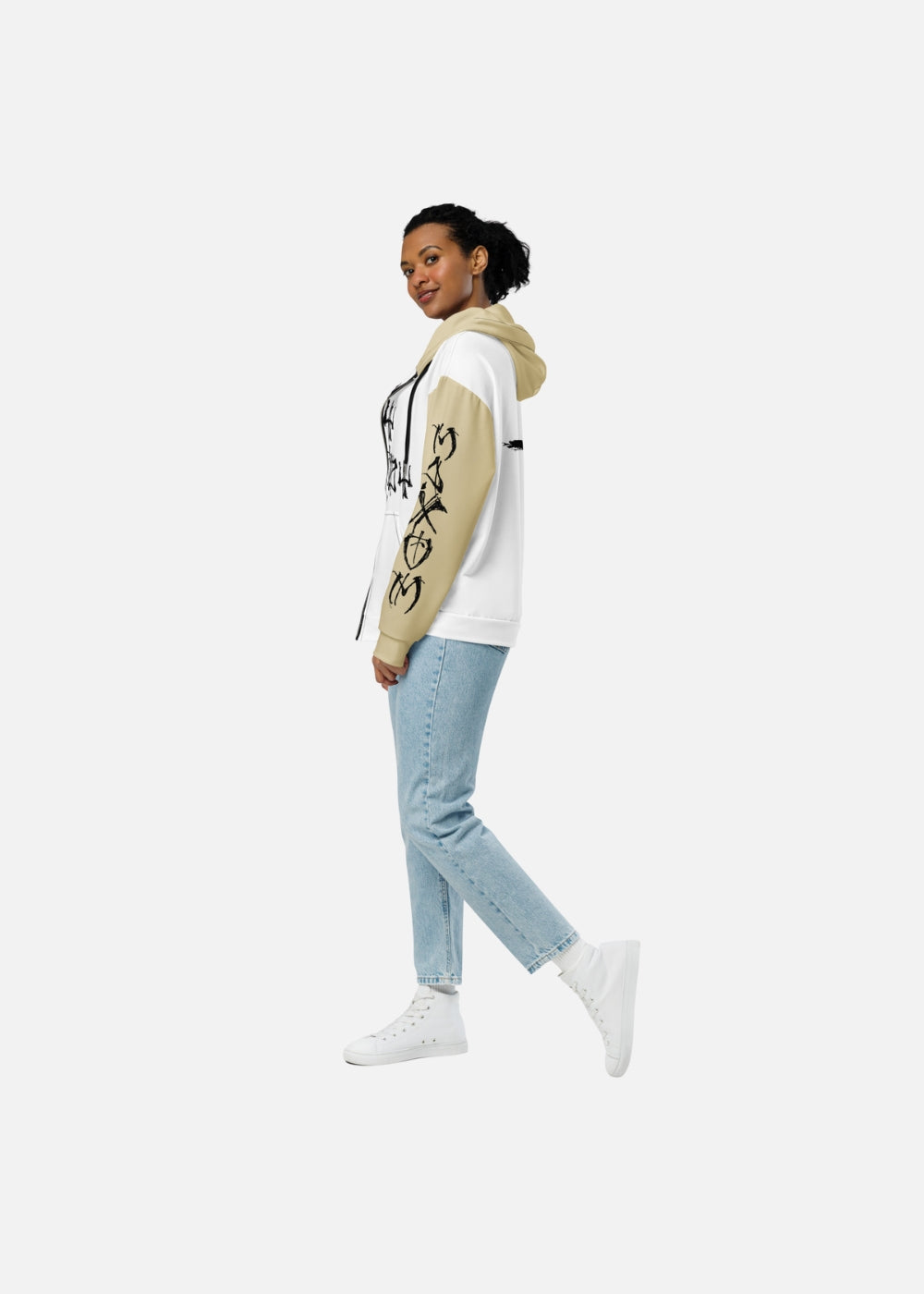Female model side view of sustainable MAXOMclo zip hoodie – eco-friendly streetwear with moon cross patch