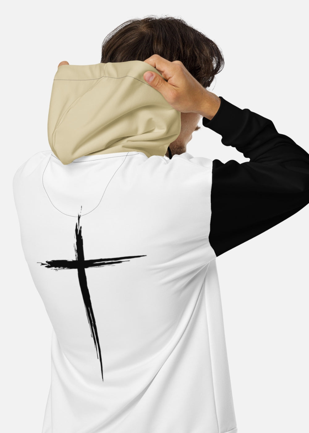 Back detail view of male model wearing Stay Cozy zip hoodie – recycled polyester fleece hoodie with stitched patch