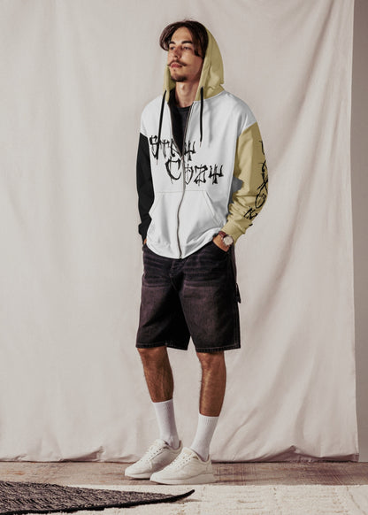 Male model in real-life street setting wearing recycled MAXOMclo zip hoodie – relaxed eco-fashion look