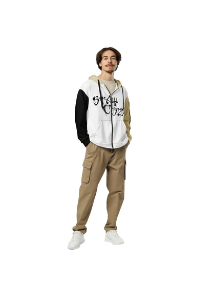 Male model wearing Stay Cozy zip-up hoodie – relaxed fit recycled streetwear hoodie for urban fashion looks