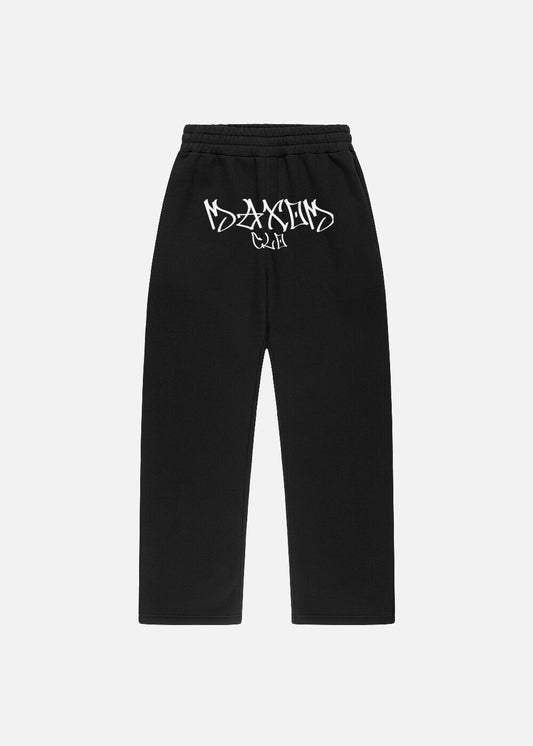Front view of black baggy streetwear sweatpants – unisex relaxed fit with urban edge, part of full essentials outfit.

