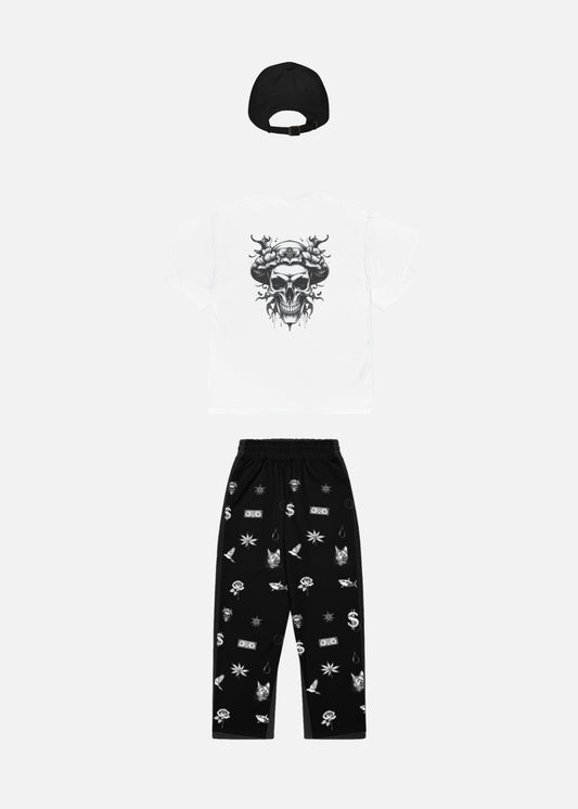 Rear view of urban fashion outfit set with black cap – comfy joggers and tee bundle for unisex streetwear lovers.

