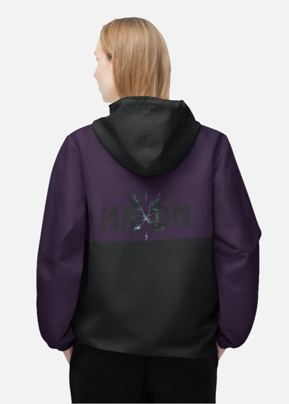 Back view of female model in retro lightning windbreaker – unisex 90s style streetwear jacket with bold print