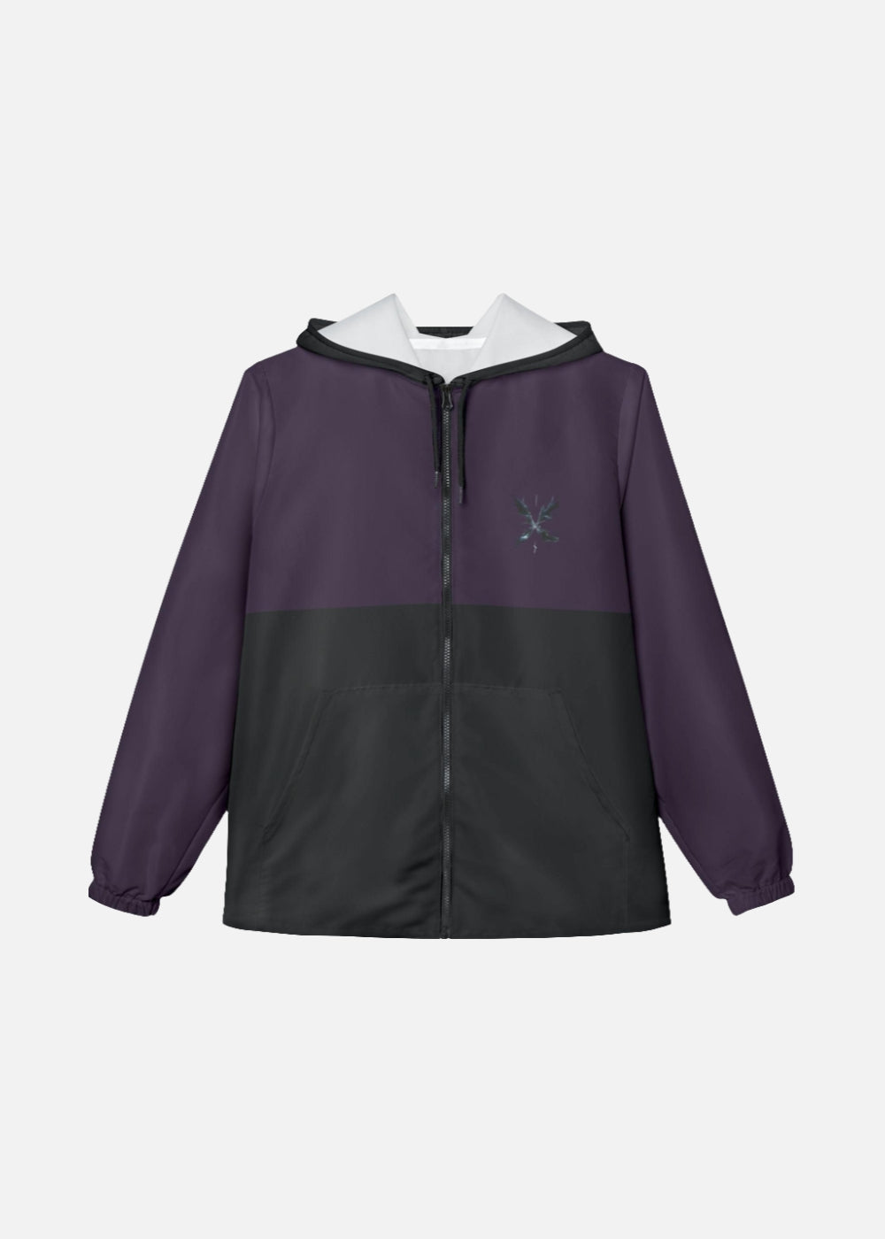 Front view of lightning design vintage windbreaker – unisex retro jacket with purple and black color block style