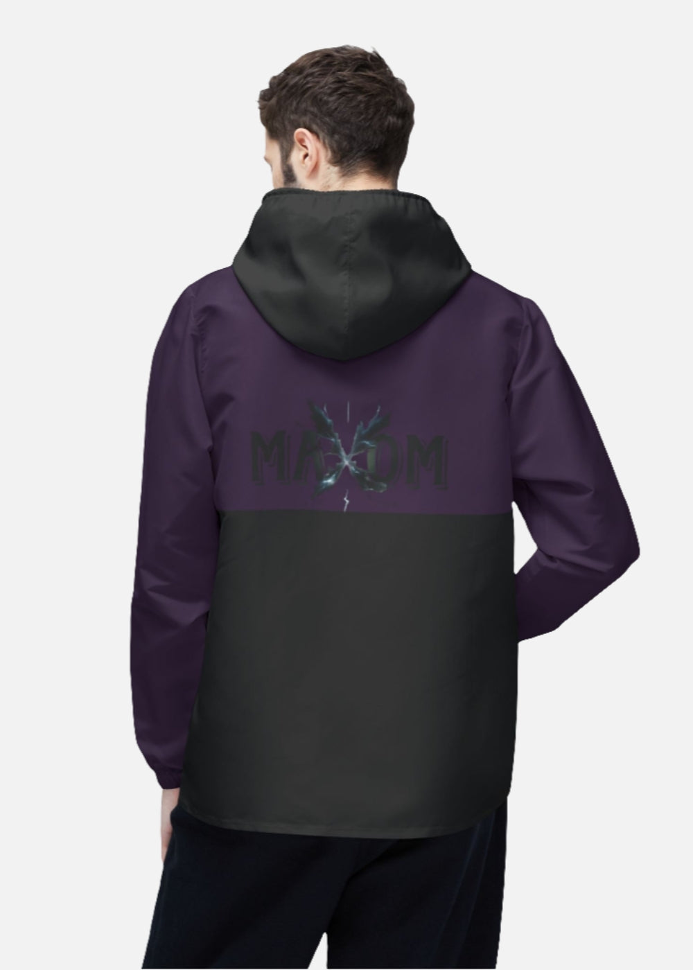 Back view of male model wearing retro windbreaker – unisex outdoor streetwear jacket with functional fit