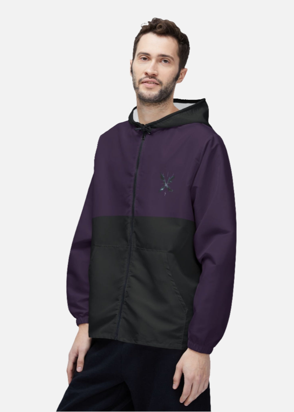 Male model in lightning design vintage windbreaker – spring jacket with pockets and purple-black retro vibe
