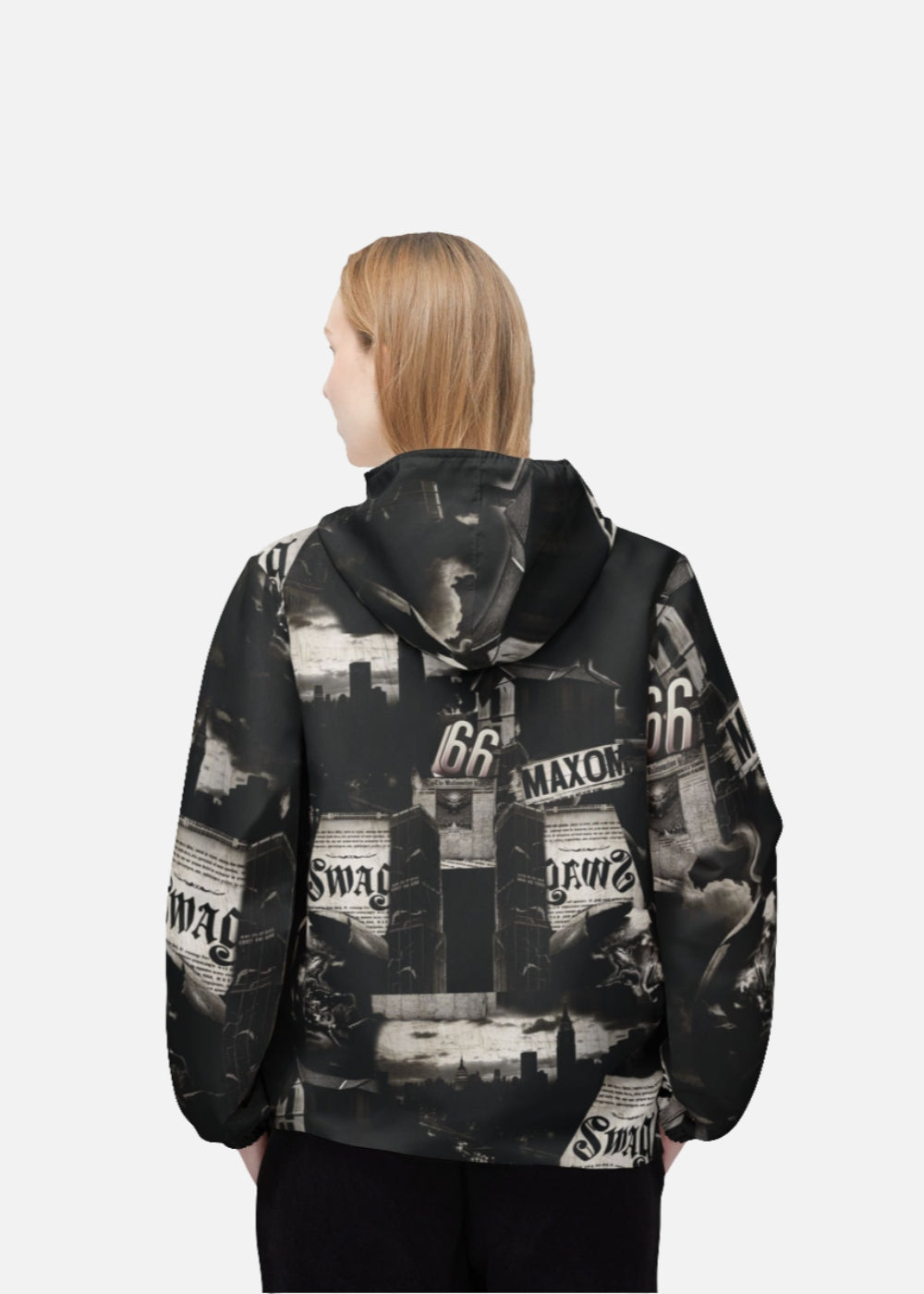 Back of female model wearing MAXOMclo’s unisex retro windbreaker jacket – transitional outerwear with a bold streetwear twist and timeless vintage inspiration.

