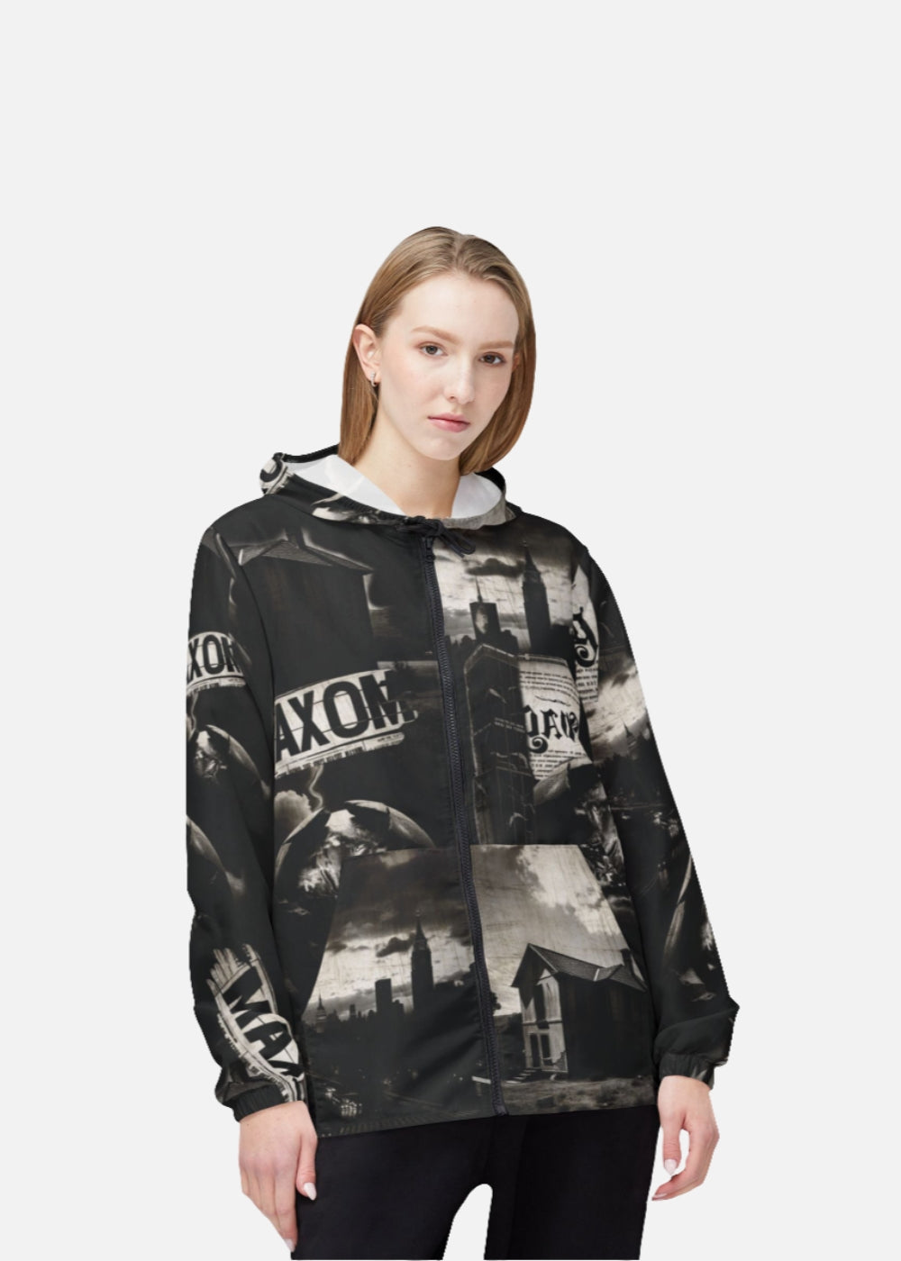 Female model styled in MAXOMclo retro windbreaker – vintage 90s look with bold color-block print. Lightweight and elasticated for comfort in streetwear and city life.



