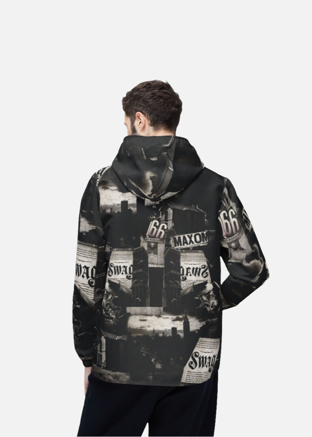 Back view of male model in retro color-block windbreaker – streetwear-ready jacket with urban edge and water-resistant fabric. A standout unisex piece from MAXOMclo.

