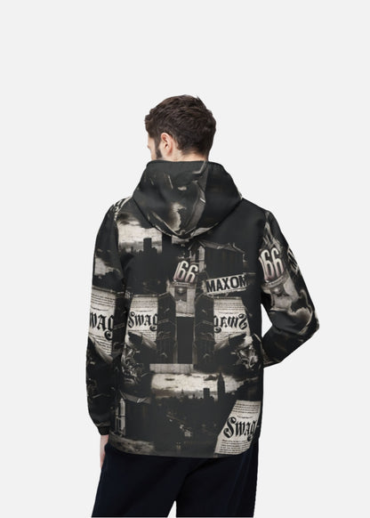 Back view of male model in retro color-block windbreaker – streetwear-ready jacket with urban edge and water-resistant fabric. A standout unisex piece from MAXOMclo.

