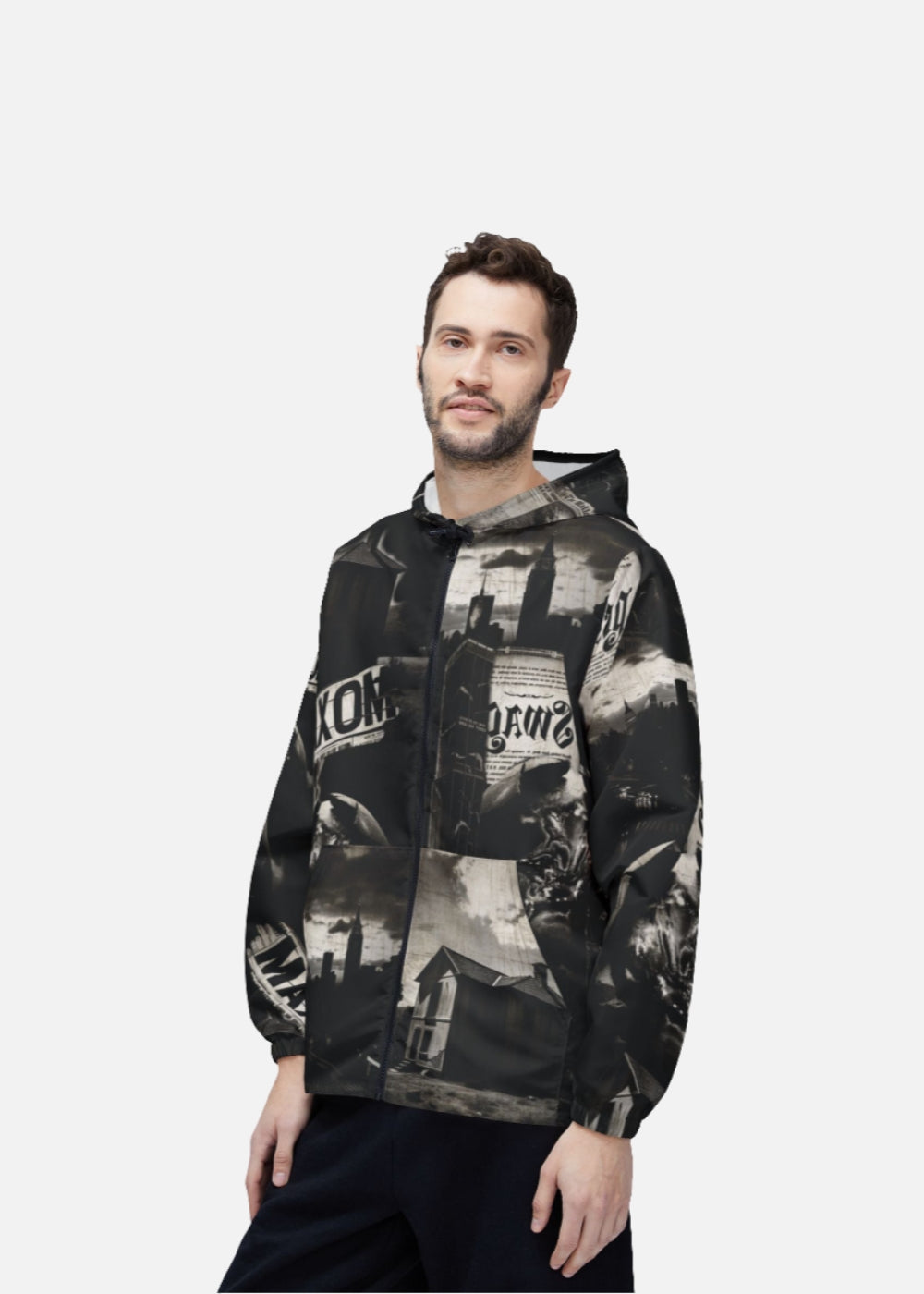 Male model wearing MAXOMclo vintage windbreaker jacket – 90s-inspired streetwear with color-block design. Lightweight, bold, and ideal for both casual and active urban lifestyles.


