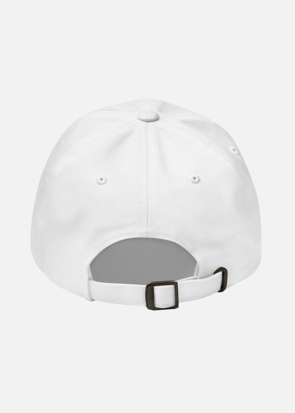 Rear of white low-profile adjustable baseball cap – minimalist design with metal buckle strap and chino cotton structure.


