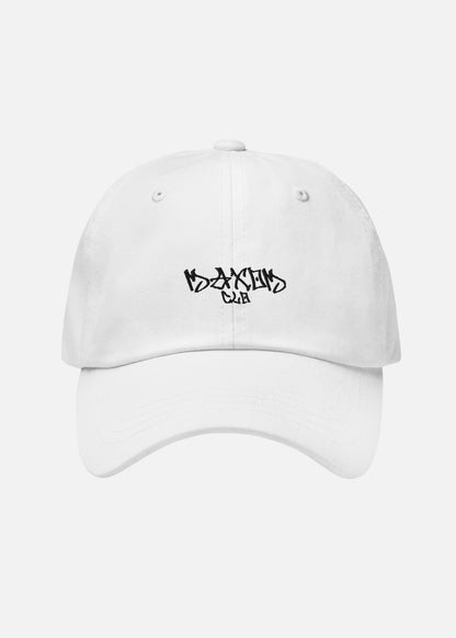 White minimalist low-profile baseball cap – breathable chino cotton twill construction for clean urban streetwear style.

