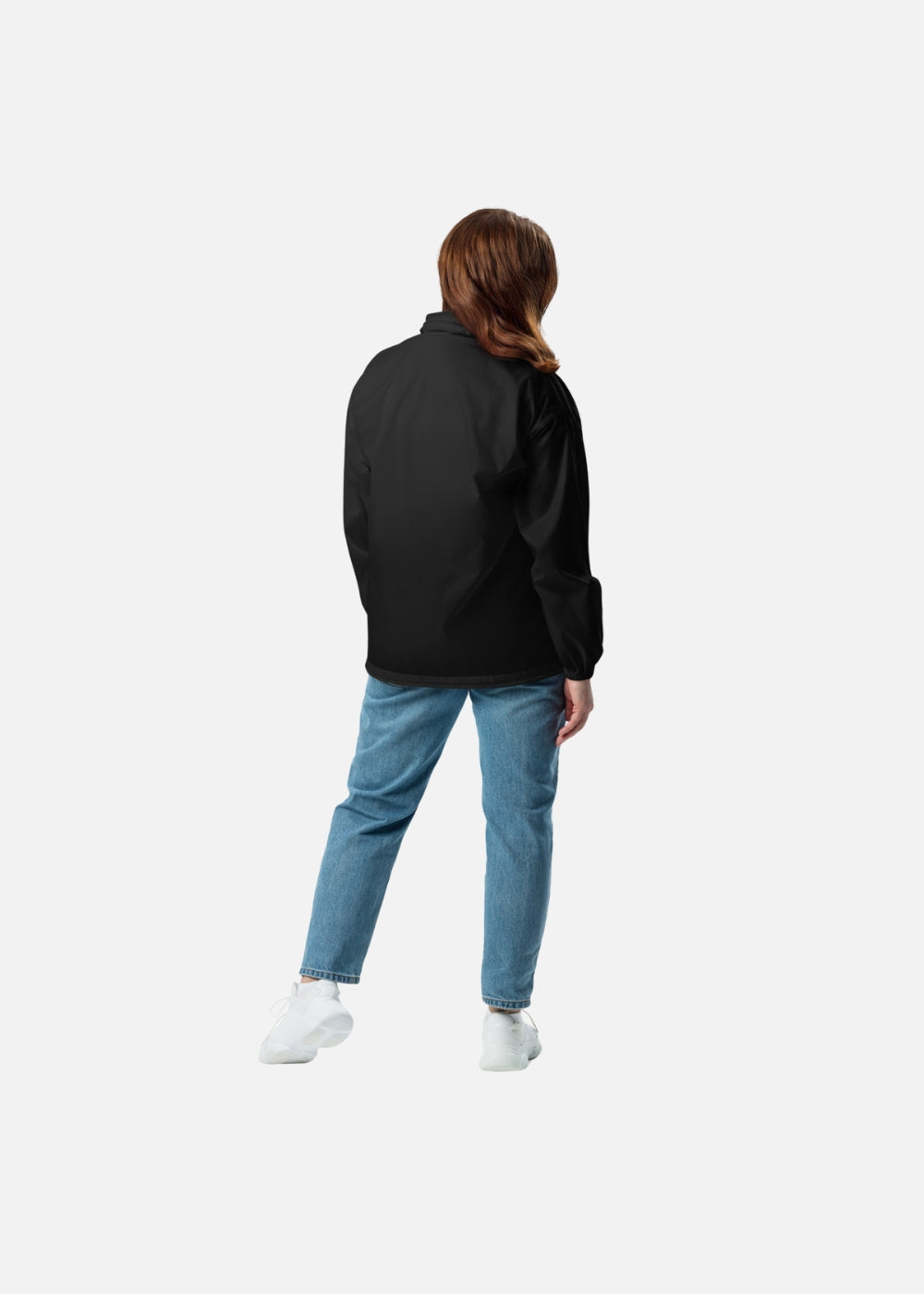 Woman wearing lightweight black vegan windbreaker – casual and sustainable outerwear style