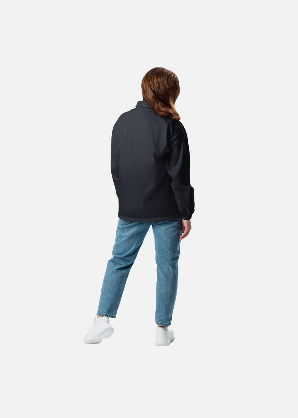 Female model in navy minimalist windbreaker jacket – breathable and windproof fashion